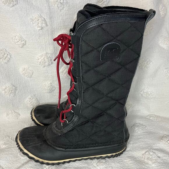 Sorel Quilted Tall Snow Boot Black Leather Waterproof Lace Up Lined Women’s 7.5 - Picture 2 of 7
